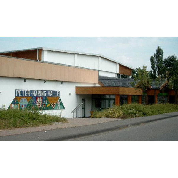 Moderne Sporthalle mit buntem Wandgemälde und begrüntem Umfeld.
